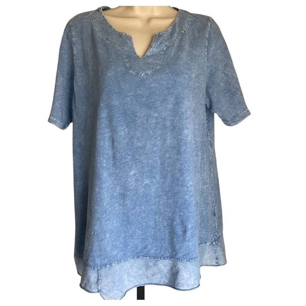 Jess & Jane Notch Neck Top Blue Mineral Wash Tee Size L USA Made